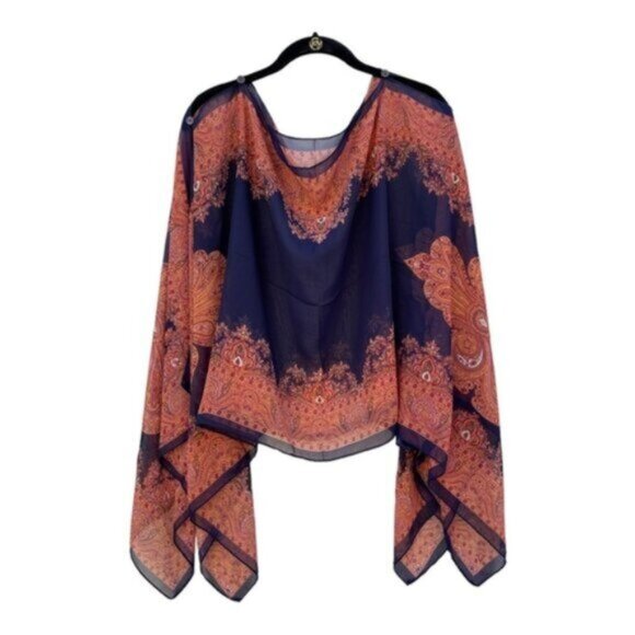 Navy Paisley Print Versatile Chiffon Kaftan Blouse / Poncho Beach Cover - Picture 1 of 5